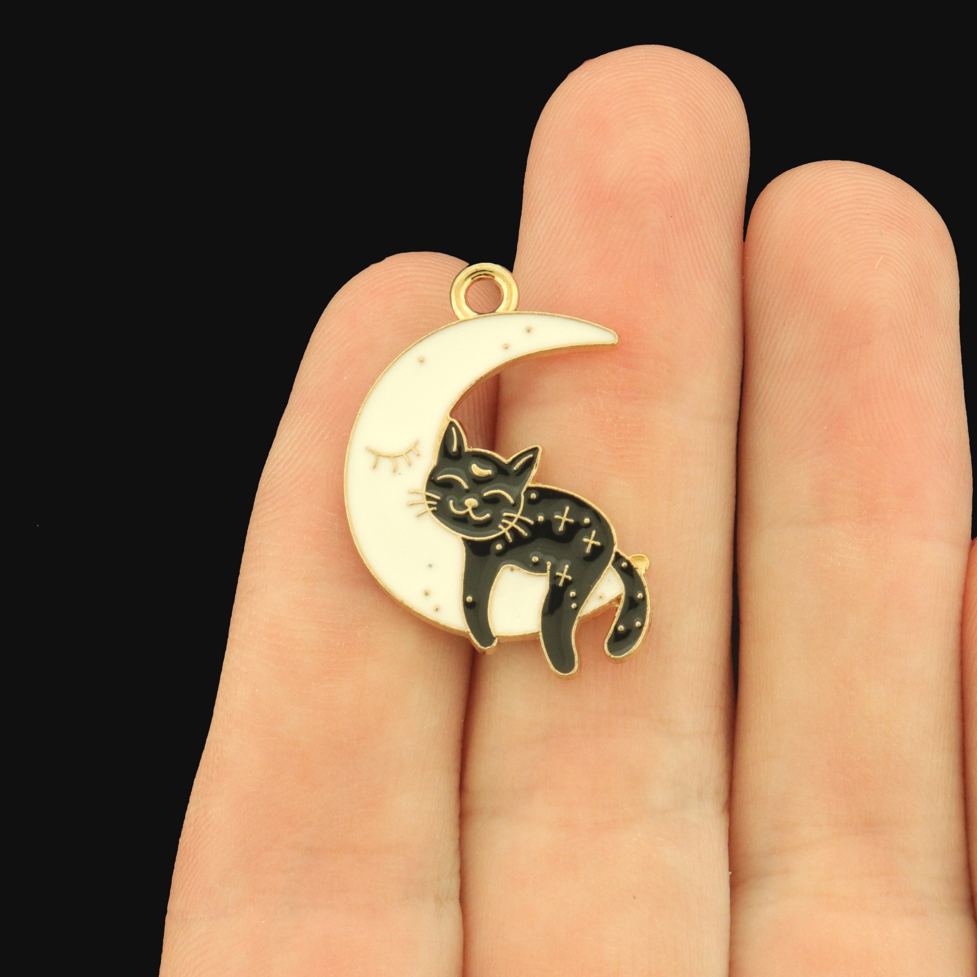4 Black Cat Sleeping on Moon Enamel Charms - Celestial - E175