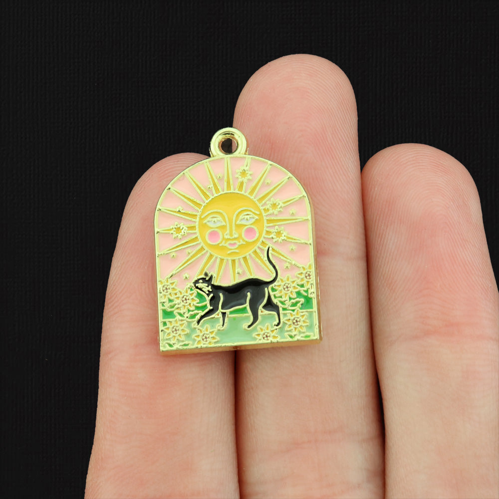 4 Black Cat Sun Gold Tone Enamel Charms - E392