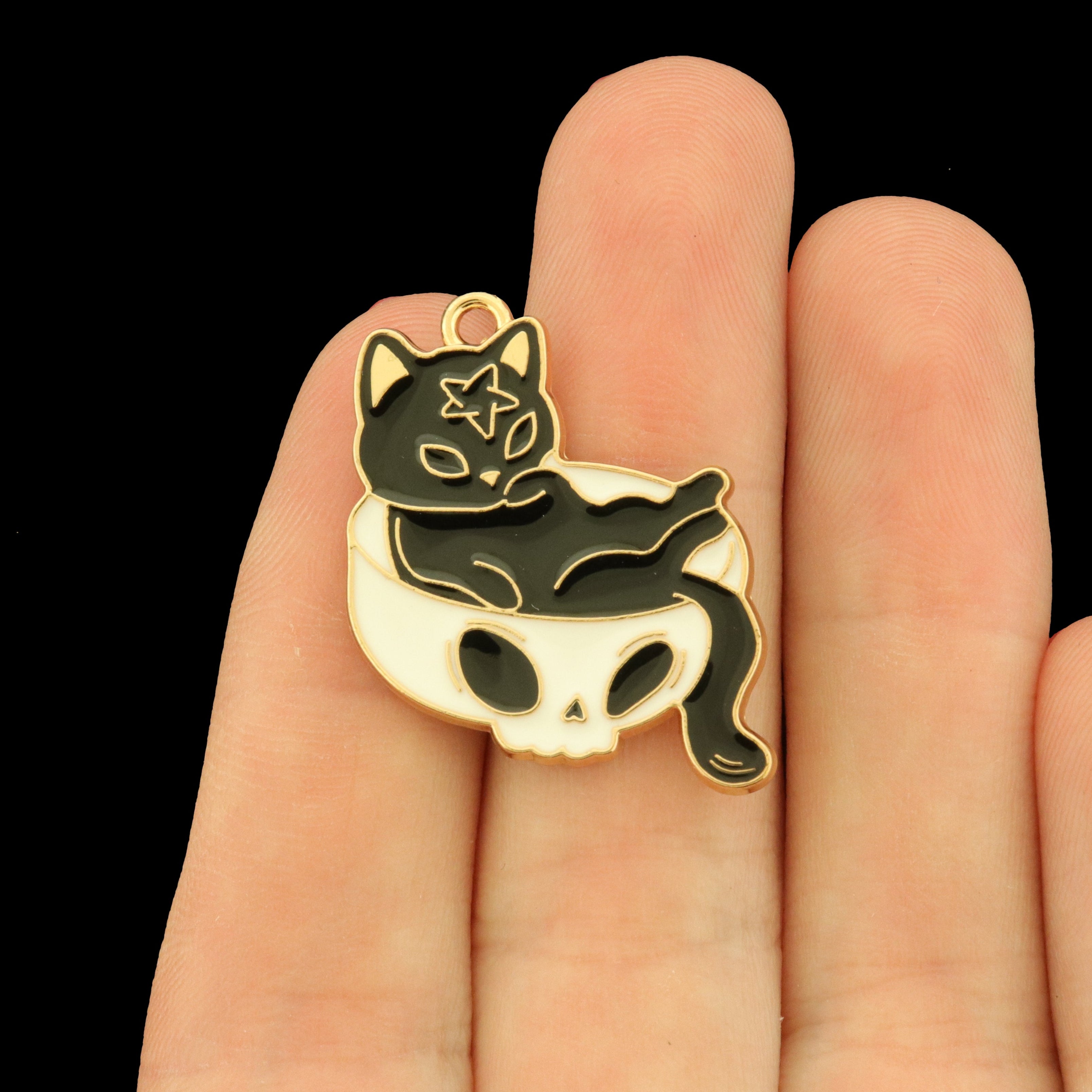 4 Black Cat in Skull Gold Tone Enamel Charms - E163