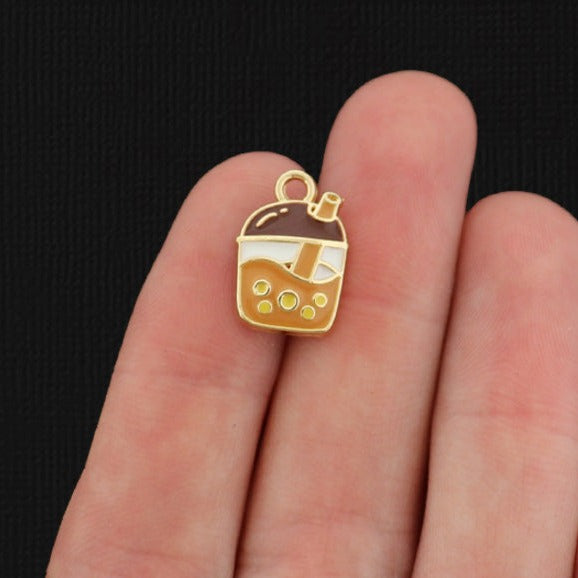4 Bubble Tea Gold Tone Enamel Charms - E292