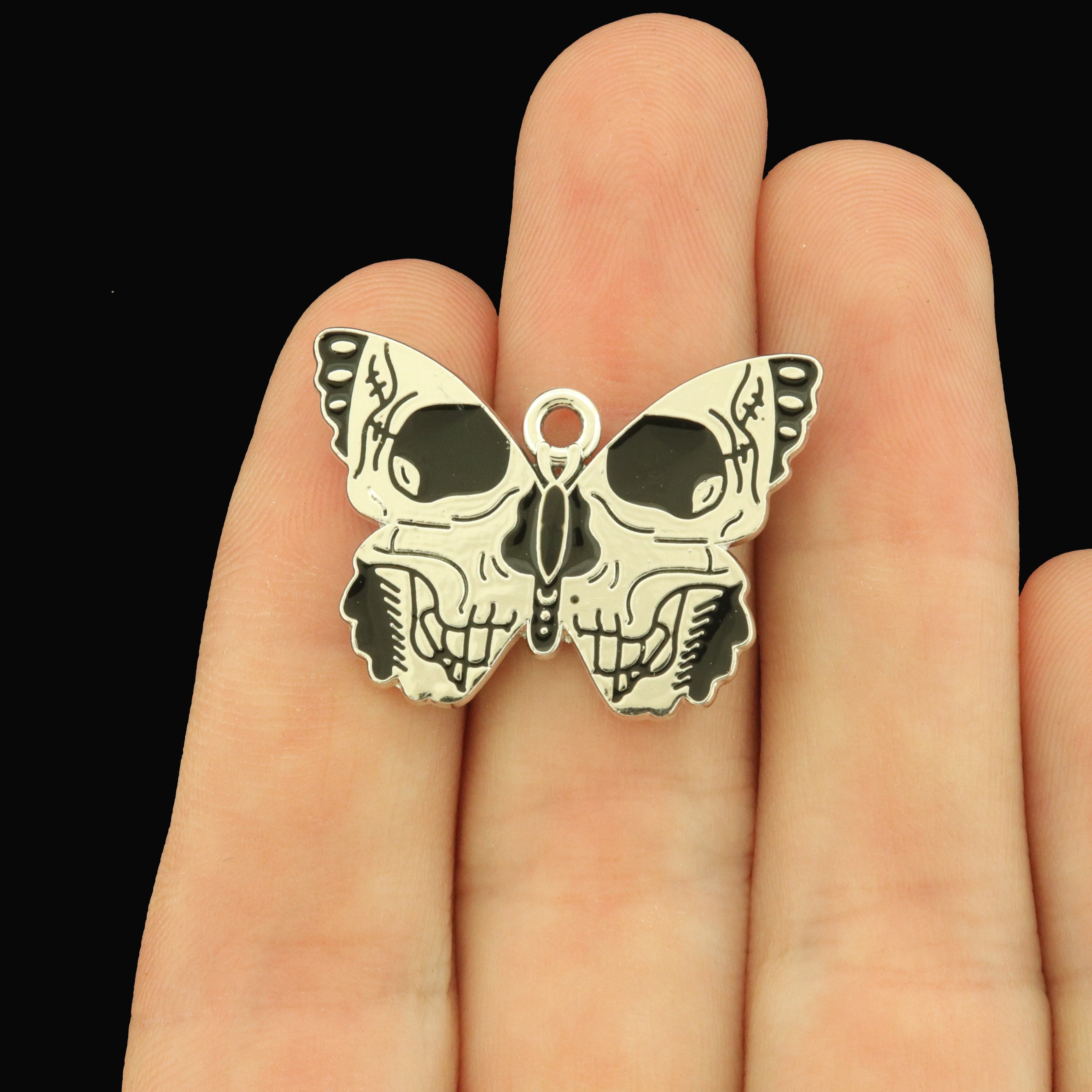 4 Butterfly Skull Halloween Enamel Charms - E401