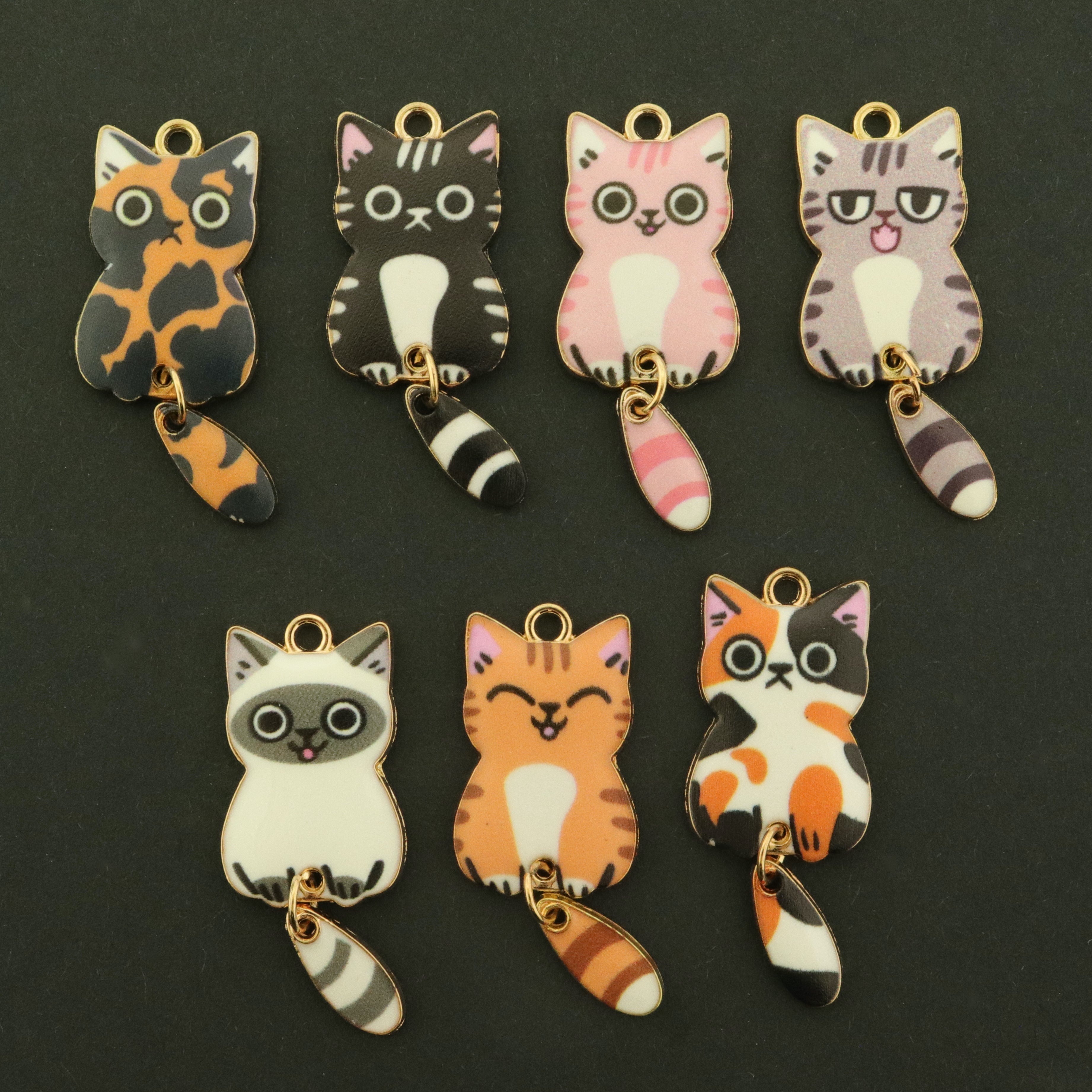 4 Cat Gold Tone Enamel Charms with Dangling Tail - Choose from 8 Colors!