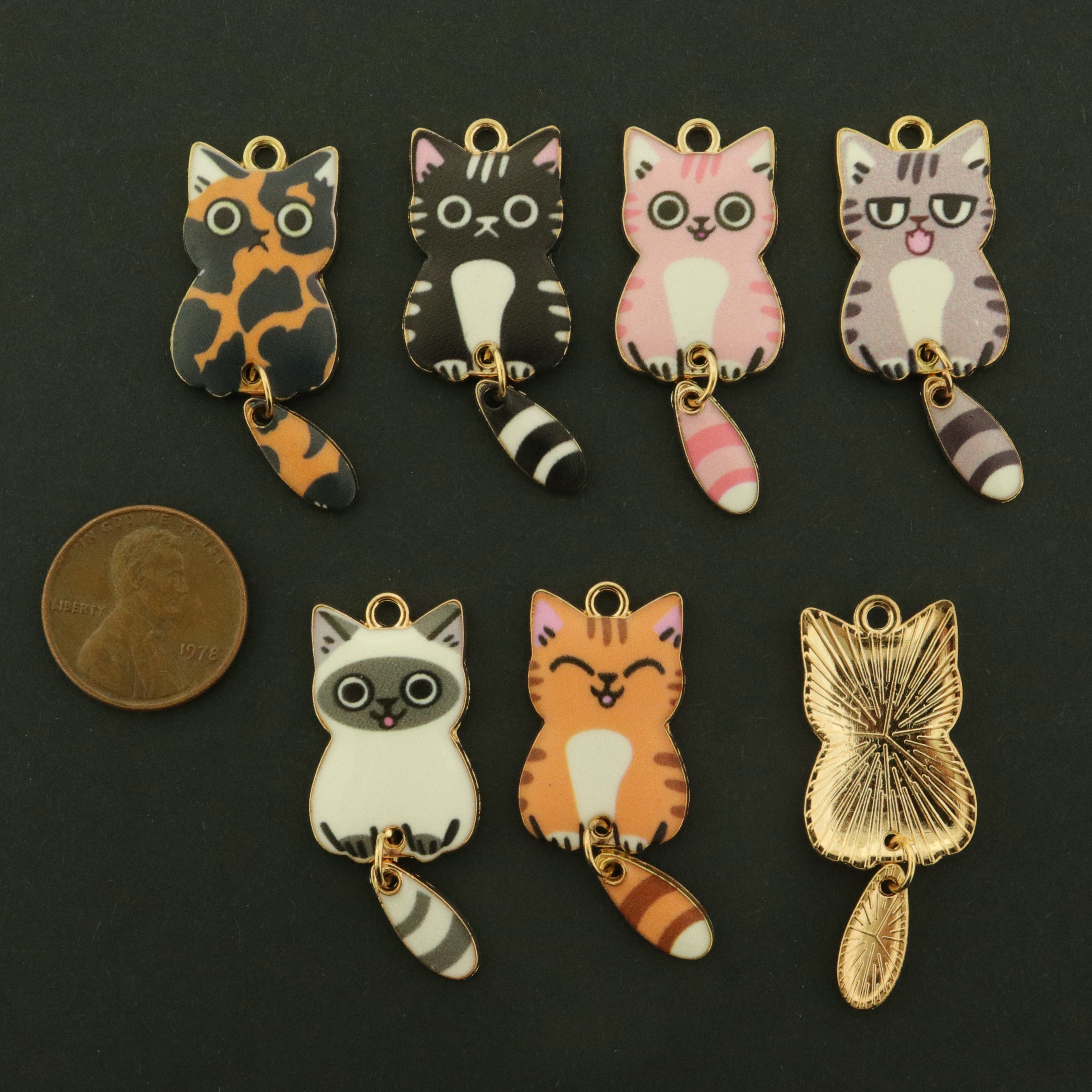 4 Cat Gold Tone Enamel Charms with Dangling Tail - Choose from 8 Colors!