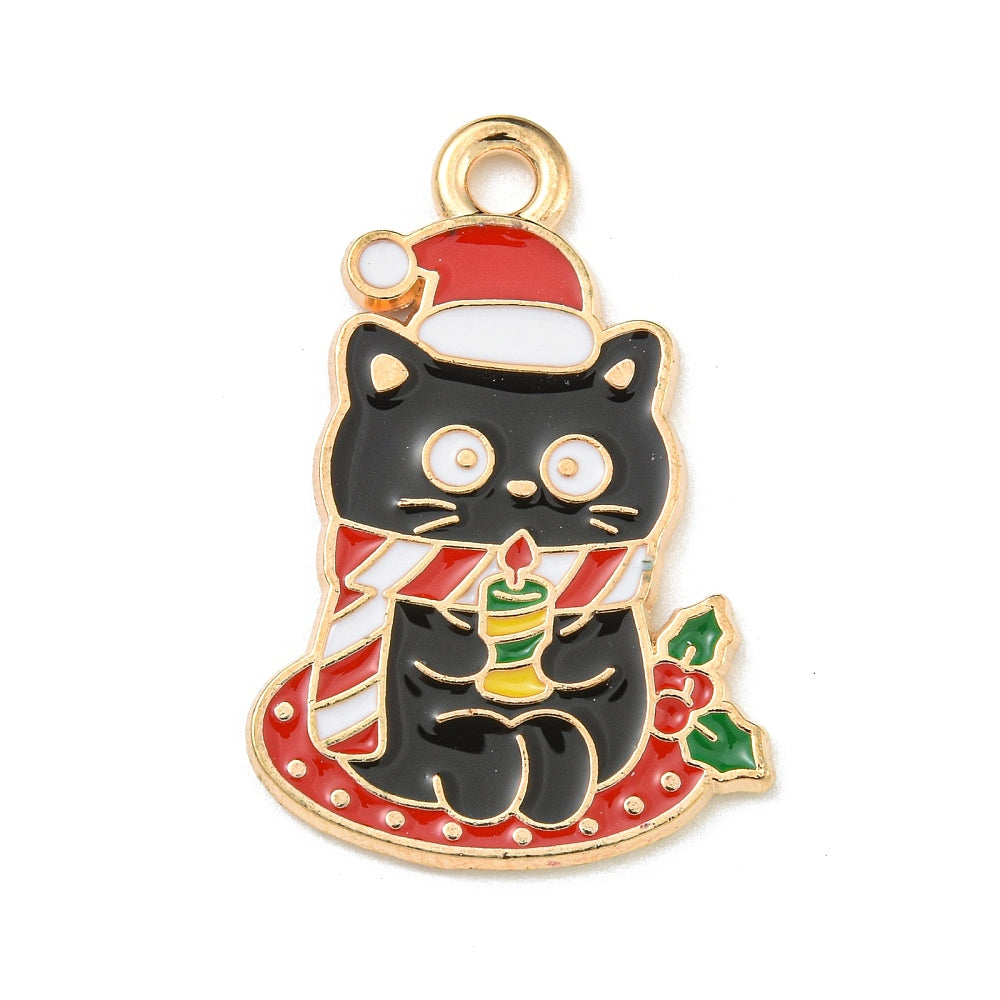 4 Christmas Cat Holding a Candle Gold Tone Enamel Charms - E833