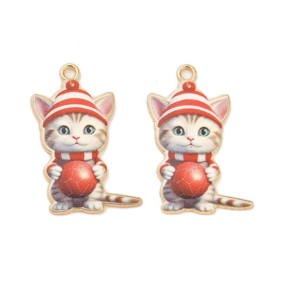 4 Christmas Cat Holding an Ornament Gold Tone Enamel Charms - E993