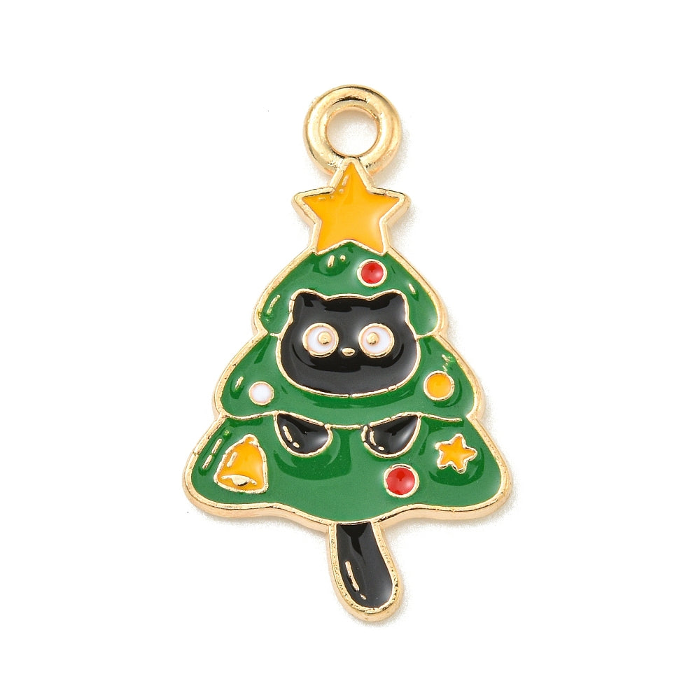 4 Christmas Tree Cat Gold Tone Enamel Charms - E831