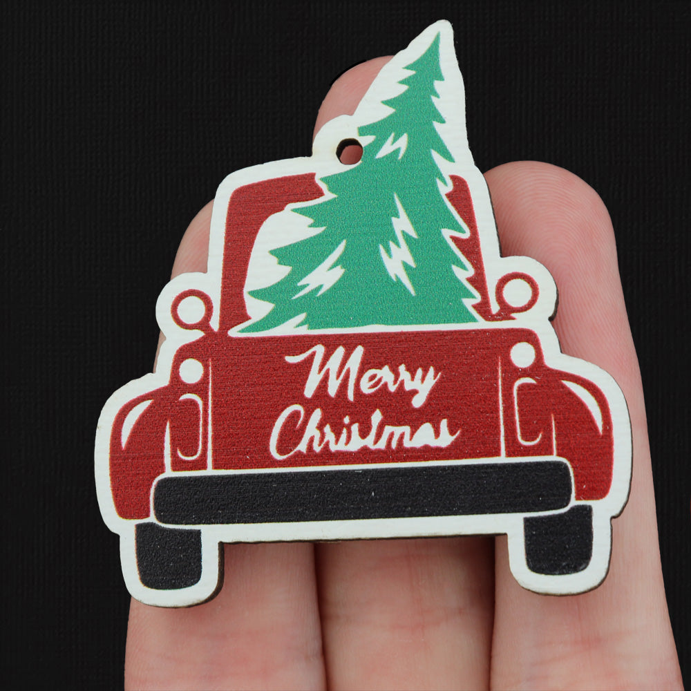 4 Christmas Tree and Truck Natural Wood Charms - WP009