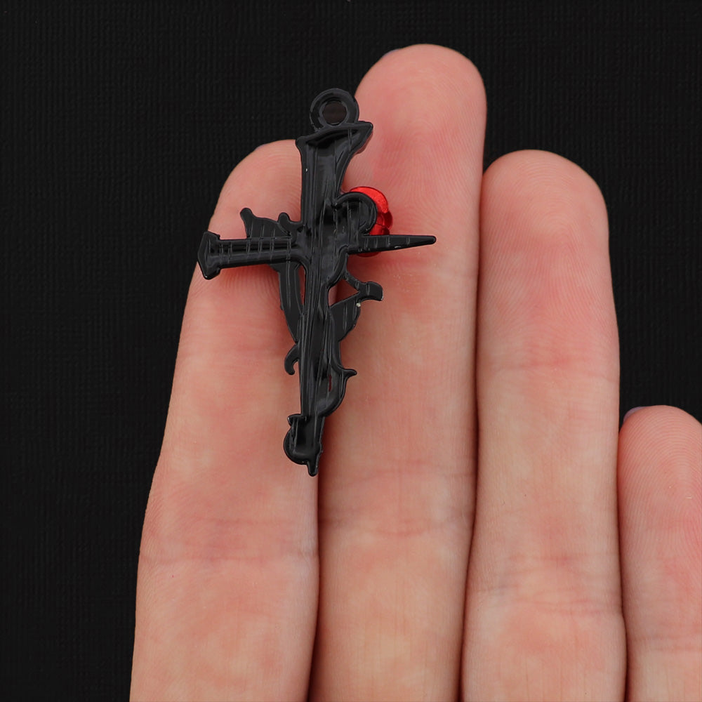 4 Cross with Rose and Thorns Black Tone Charms - SC022