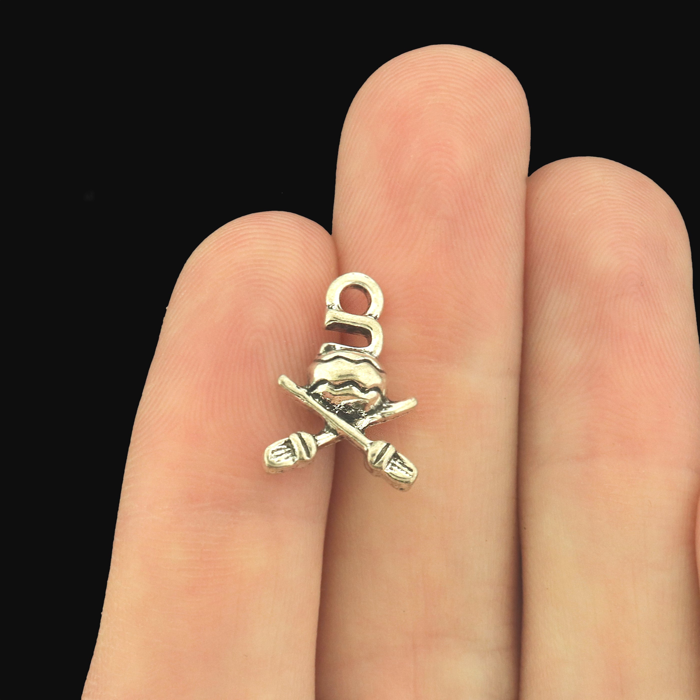 4 Curling Antique Silver Tone Charms - Rock and Brooms - SC9020