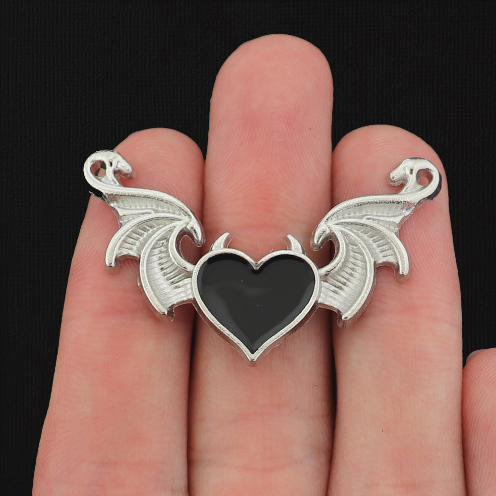 4 Devil Wing Heart Silver Tone Enamel Connector Charms - E052