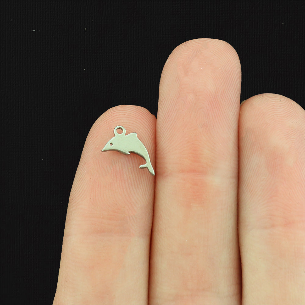 4 Dolphin Silver Tone Stainless Steel Charms 2 Sided - SSP059