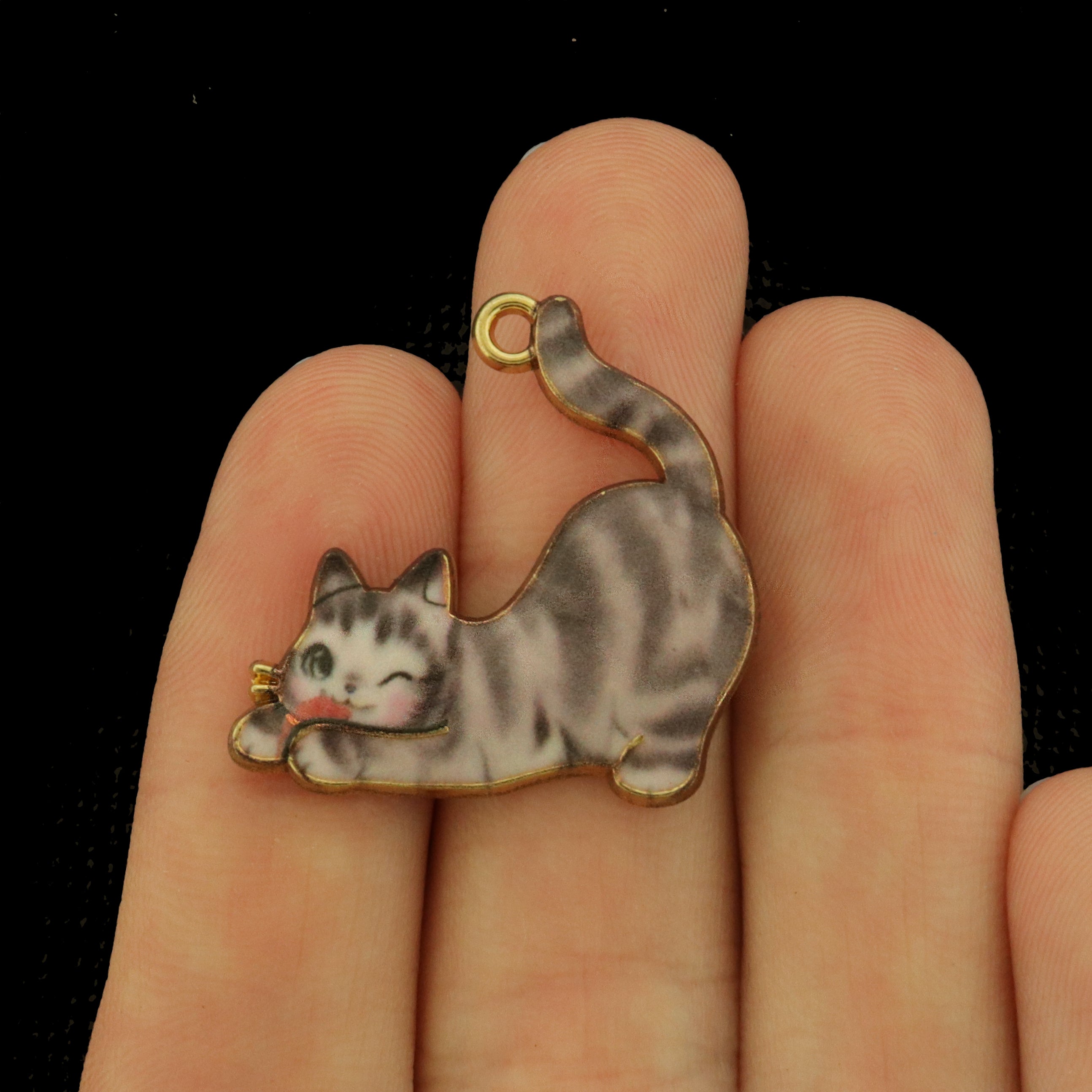 4 Grey Cat Gold Tone Enamel Charms - E1642