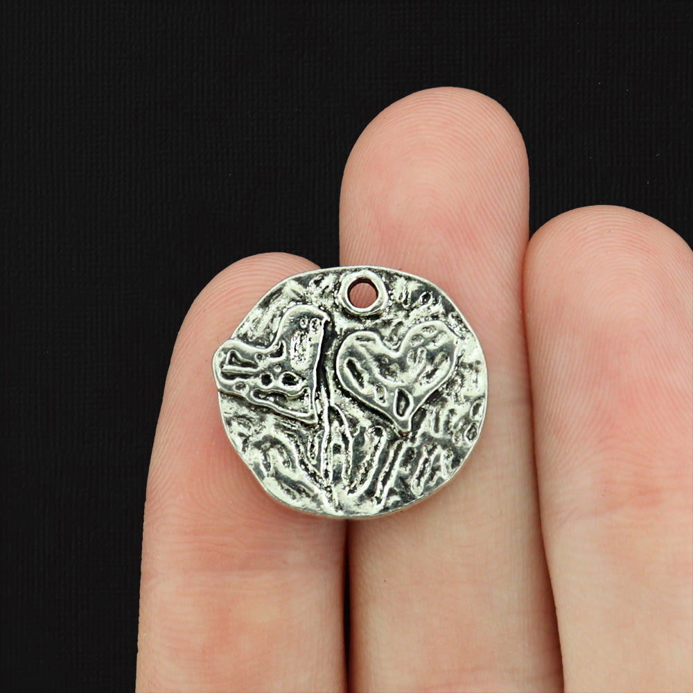 4 Heart Disc Antique Silver Tone Charms - SC761