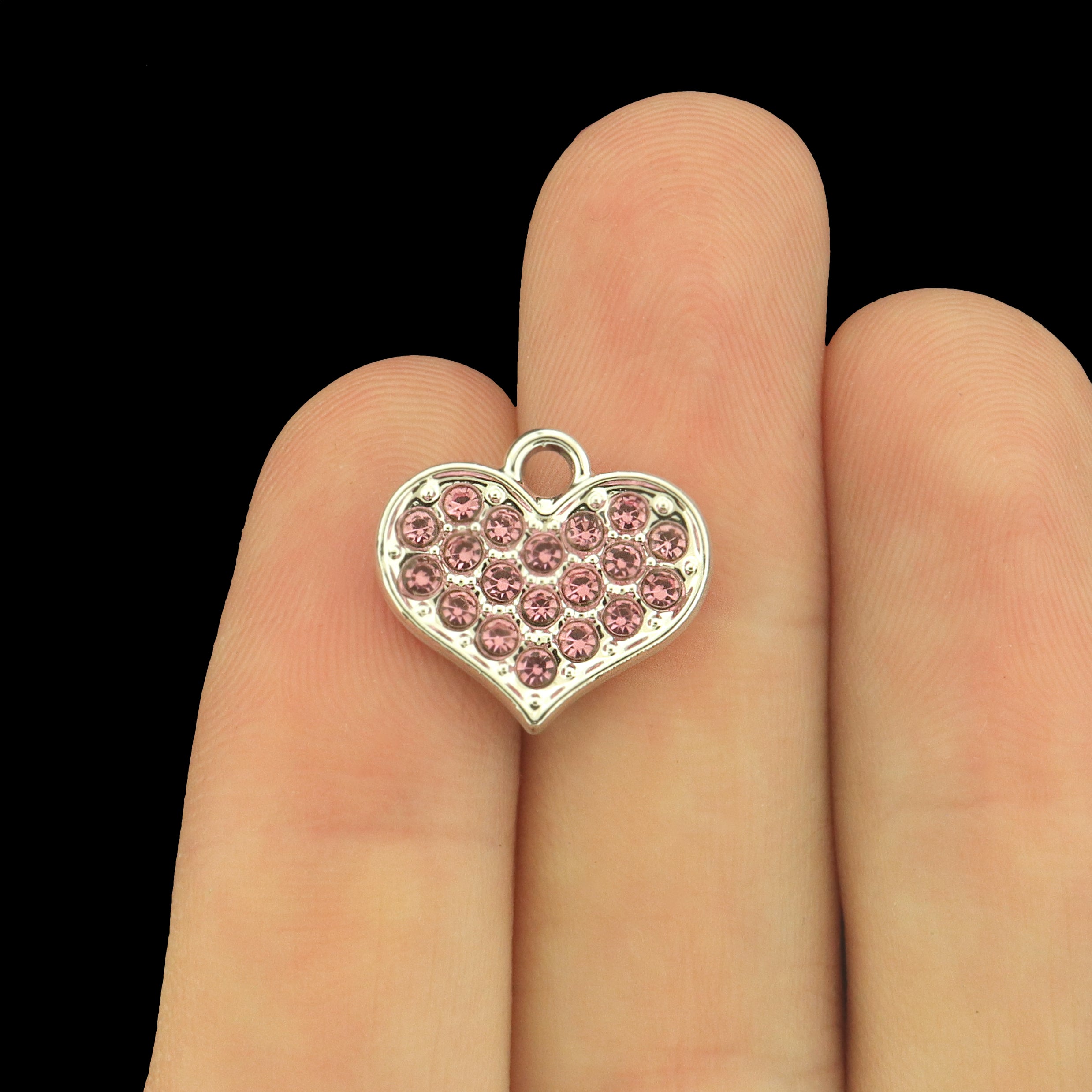 4 Heart Rhinestone Silver Tone Brass Charms - Choose Your Color!