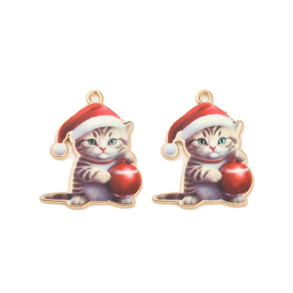 4 Kitten Holding Christmas Ornament Gold Tone Enamel Charms - E1142