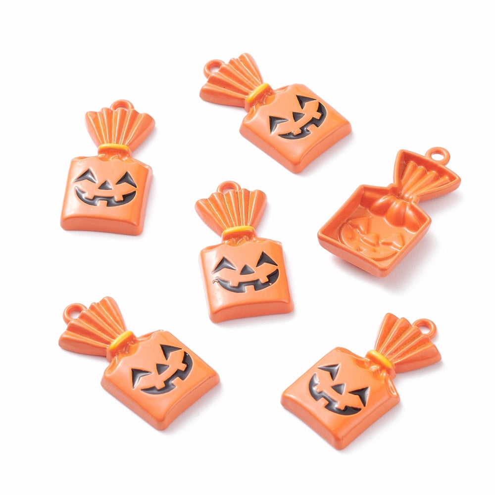 4 Pumpkin Trick or Treat Bag Enamel Charms - E585