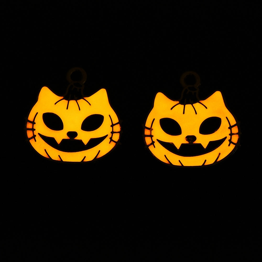 4 Smiling Cat Pumpkin Gold Tone Enamel Charms - Glow in the Dark! - E1687