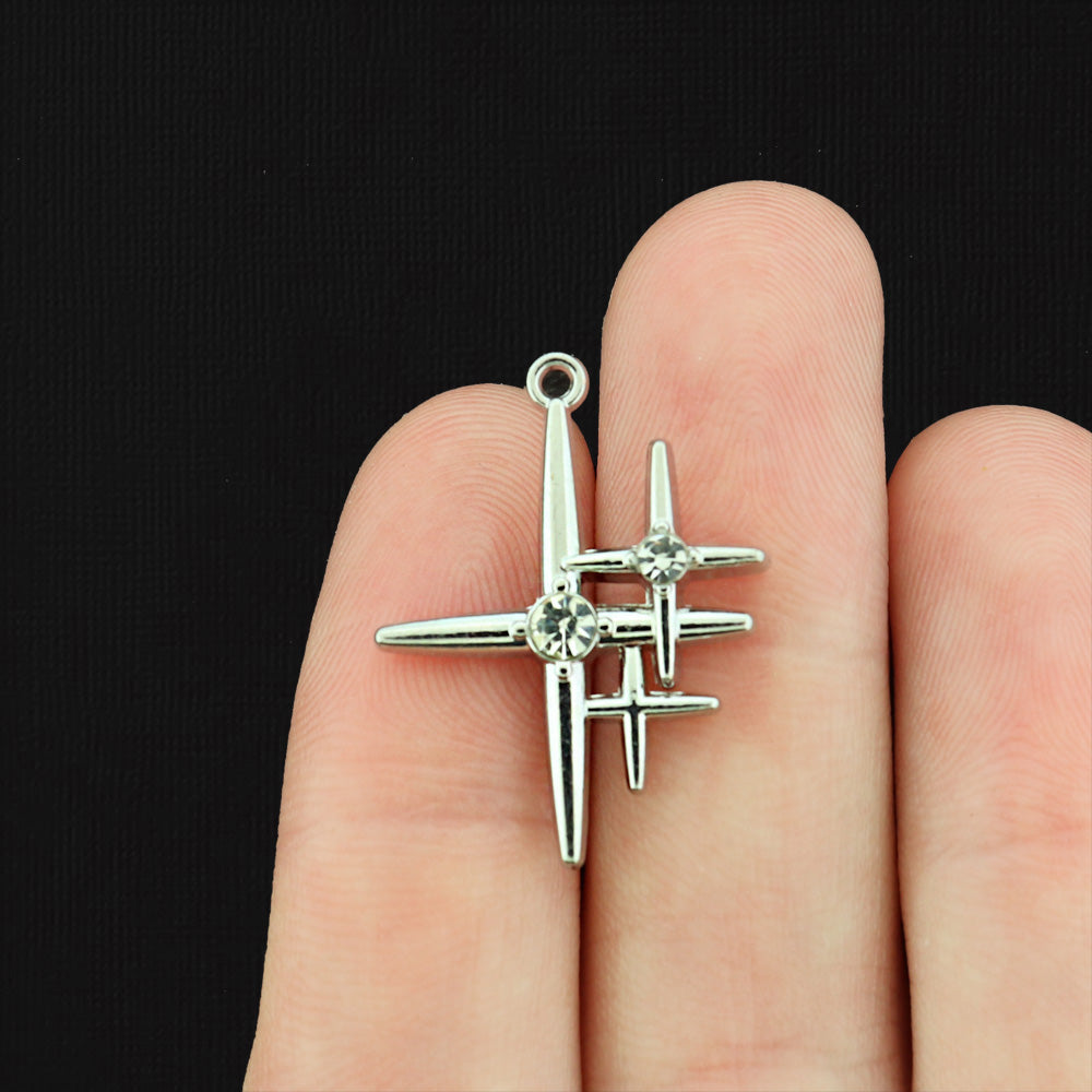 4 Star with Inset Rhinestone Antique Silver Tone Charms - SC150