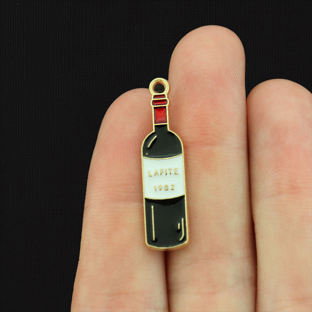 4 Wine Bottle Gold Tone Enamel Charms - E396