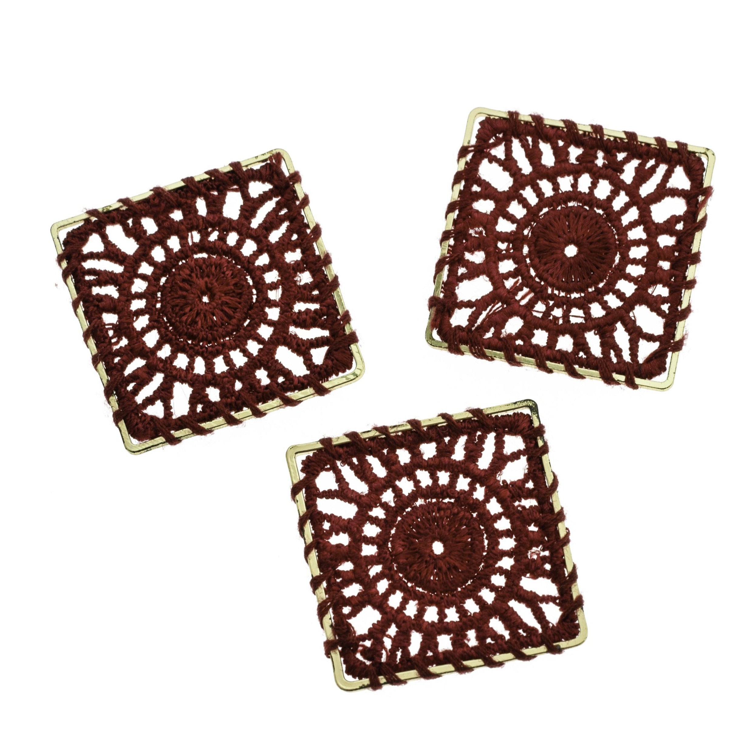 4 Woven Lace Square Gold Tone Pendants - Choose Your Color!