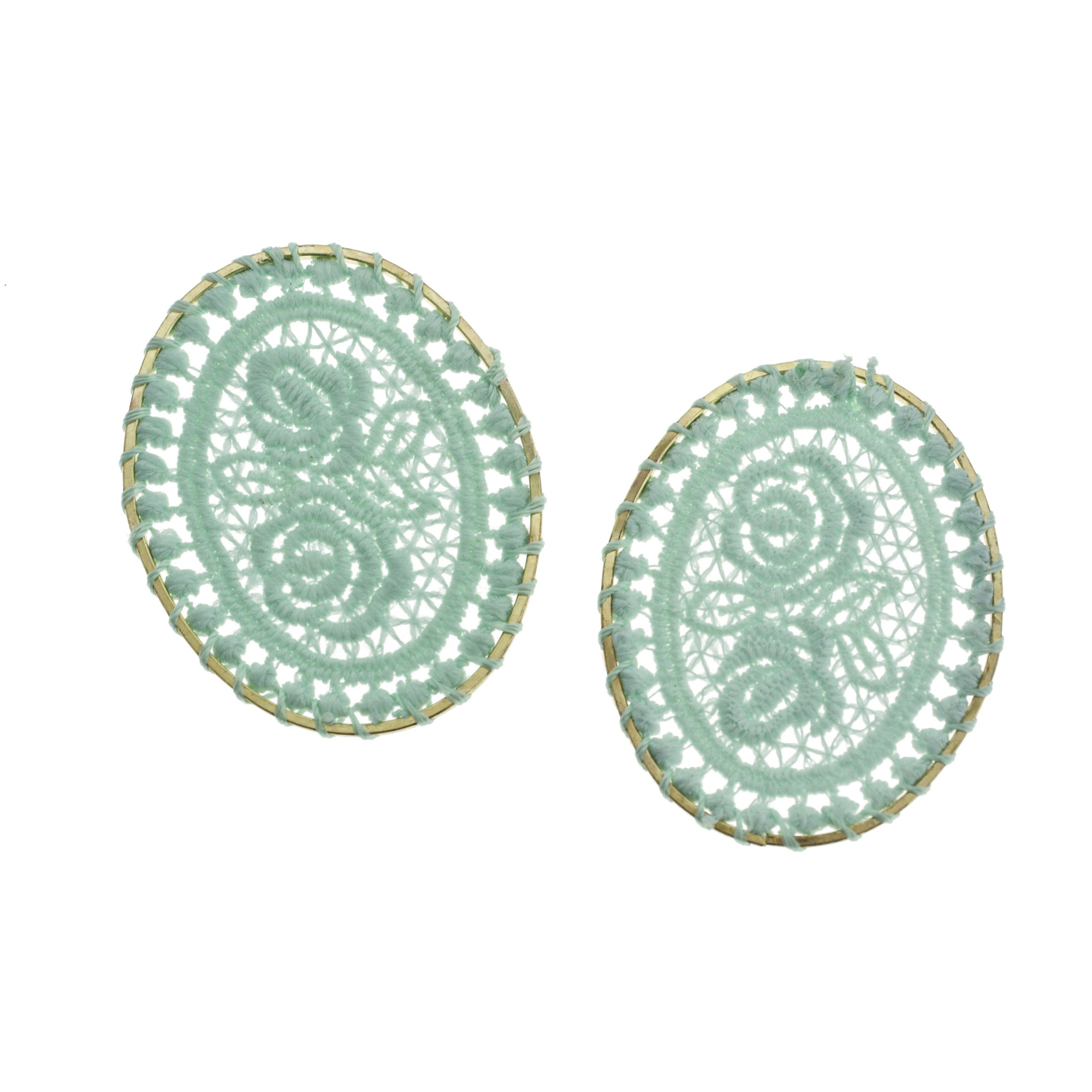 VENTE 4 pendentifs ovales dorés en dentelle tissée rouge - TSP102-D