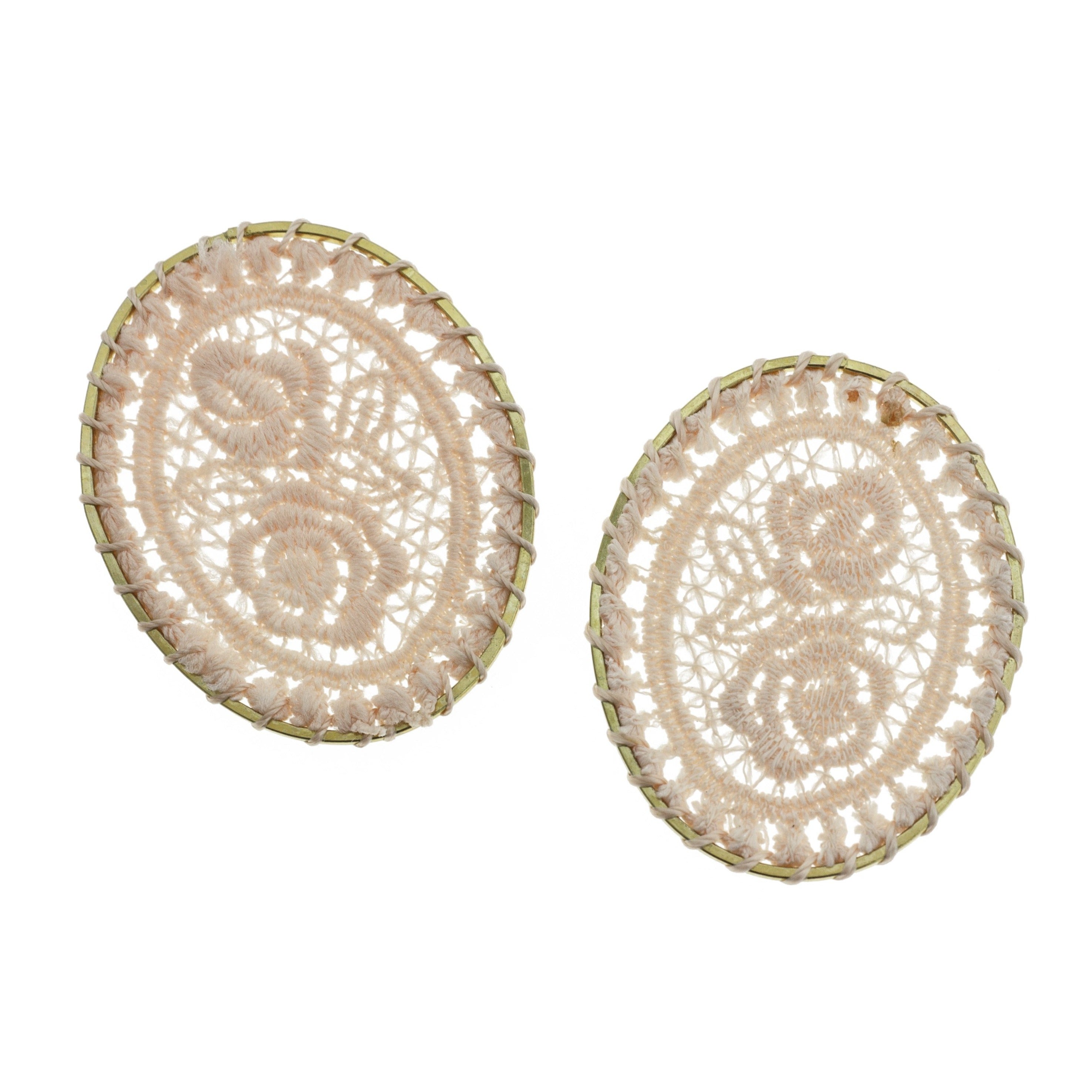 VENTE 4 pendentifs ovales dorés en dentelle tissée rouge - TSP102-D