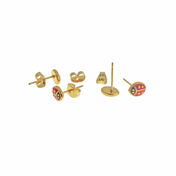 Gold Tone Stainless Steel and Enamel Earrings -Ladybug Studs - 7mm - 2 Pieces 1 Pair - ER220