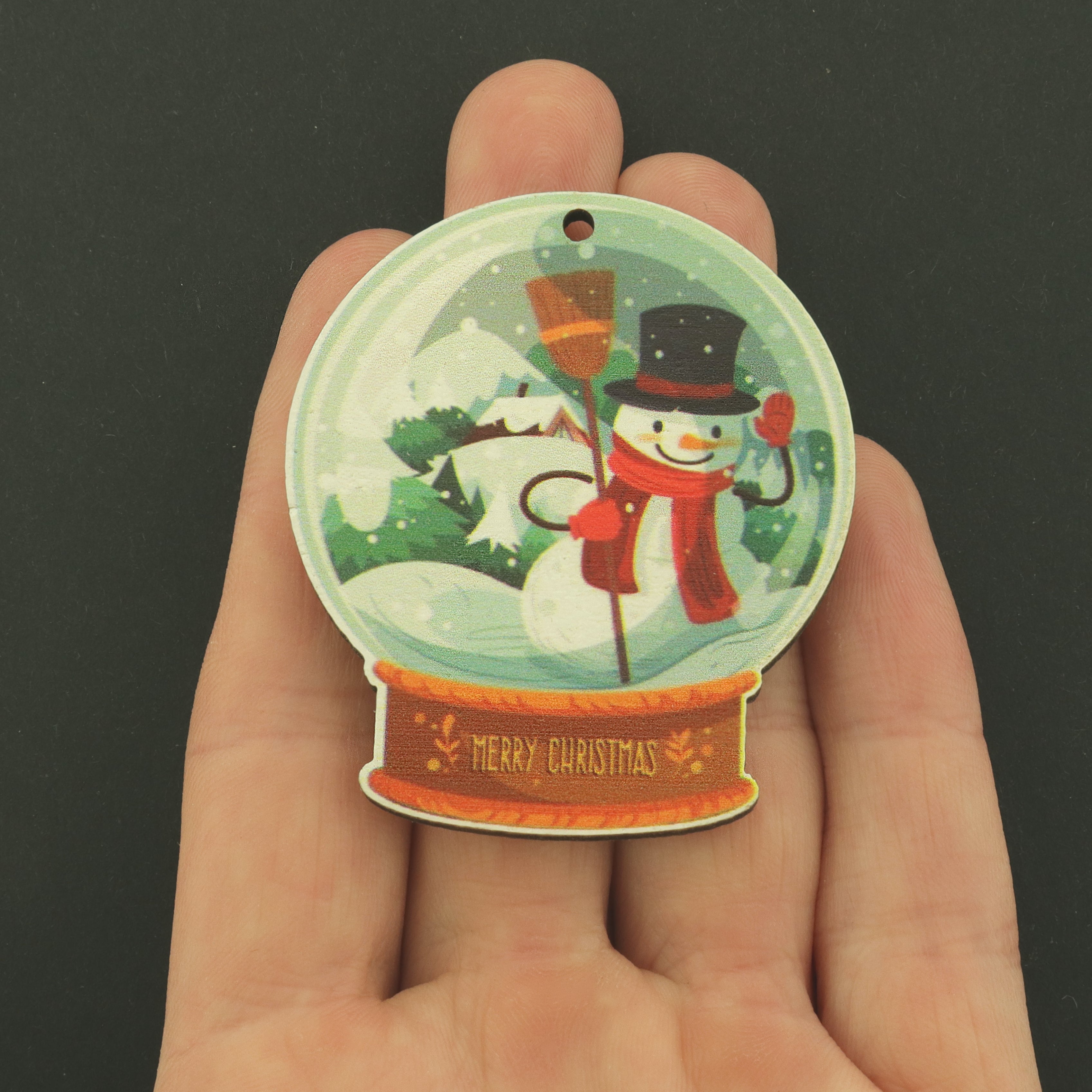 5 Christmas Snow Globe Snowman Natural Wood Charms - WP017