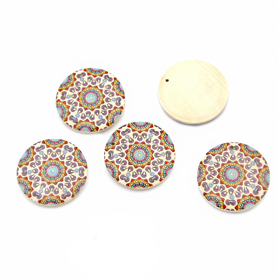 5 Mandela Printed Natural Wood Charms - Choose from 6 Designs! - 30mm