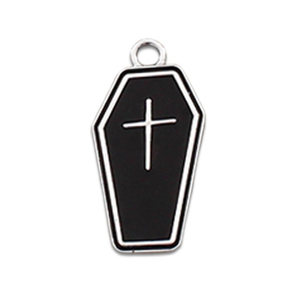 6 Black Coffin Silver Tone Enamel Charms - E696
