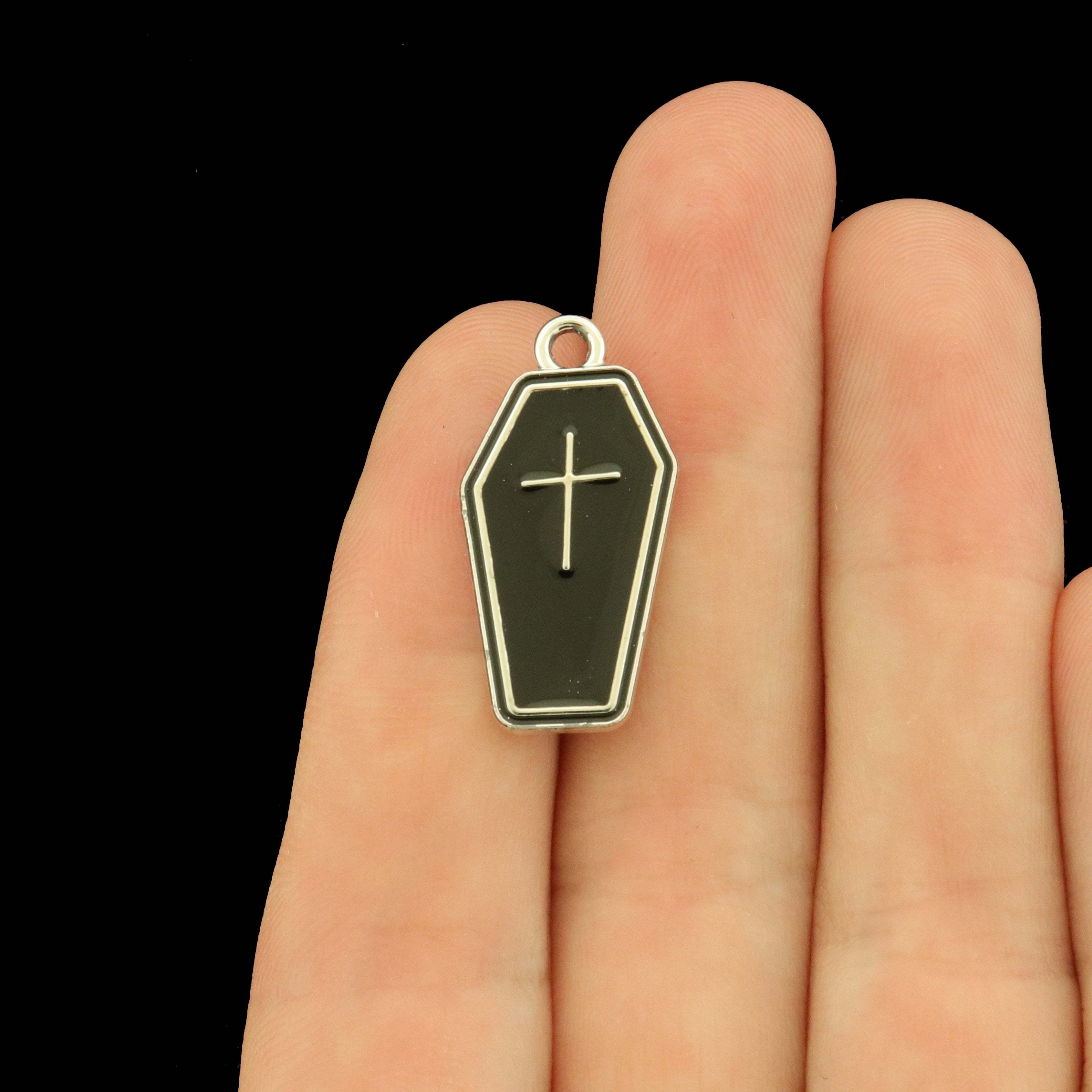 6 Black Coffin Silver Tone Enamel Charms - E696