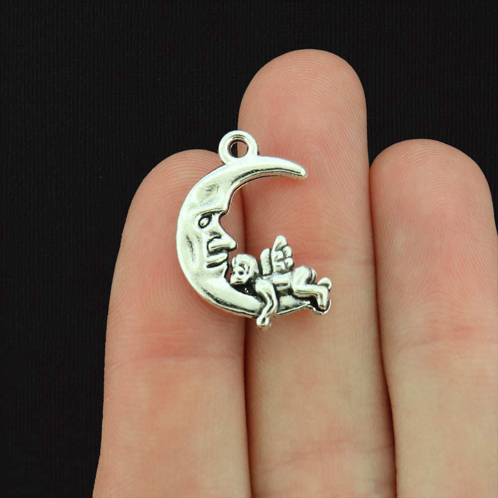 6 Cupid Crescent Moon Antique Silver Tone Charms - SC869