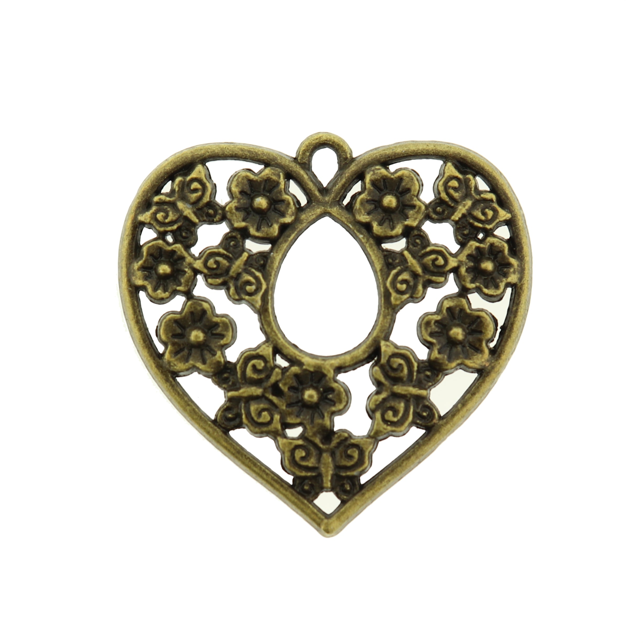 6 Floral Heart Antique Bronze Tone Charms - BC091