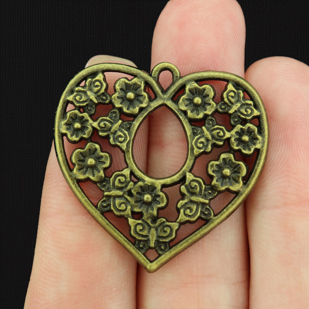 6 Floral Heart Antique Bronze Tone Charms - BC091