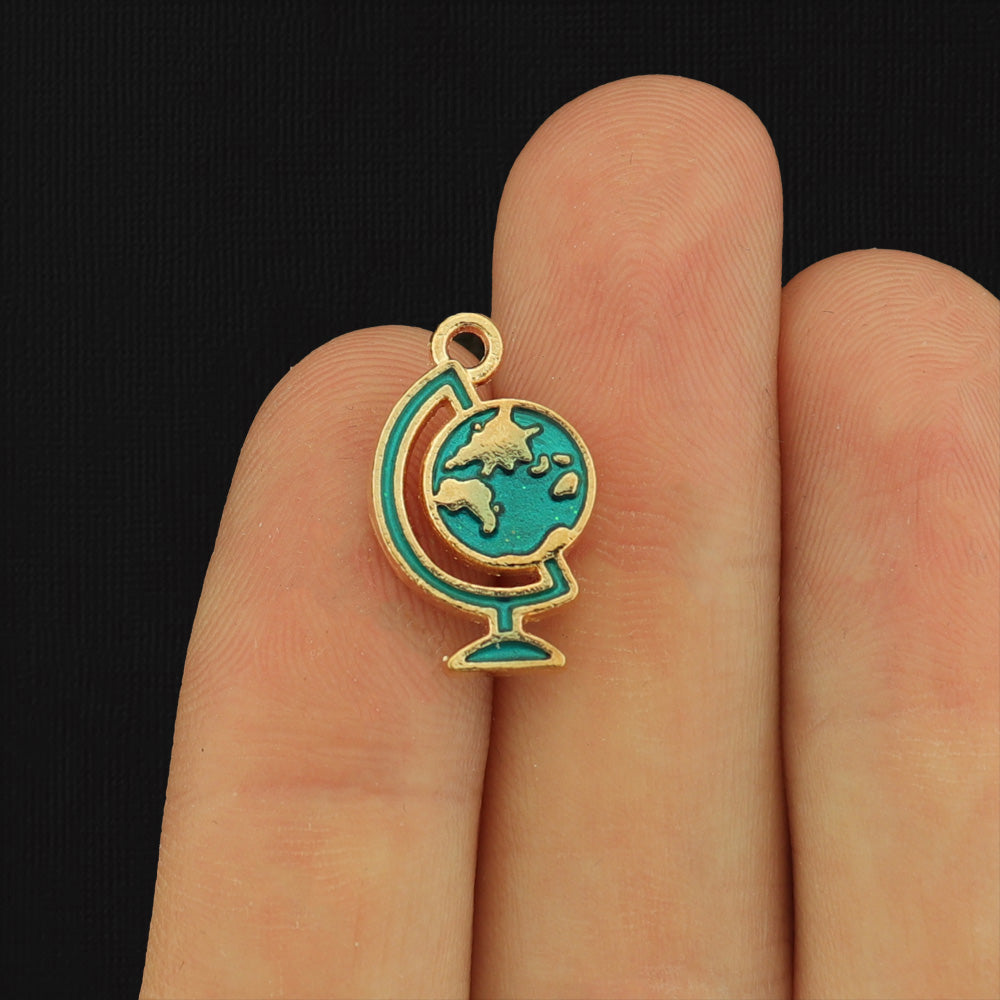 6 Globe Gold Tone Enamel Charms - E195