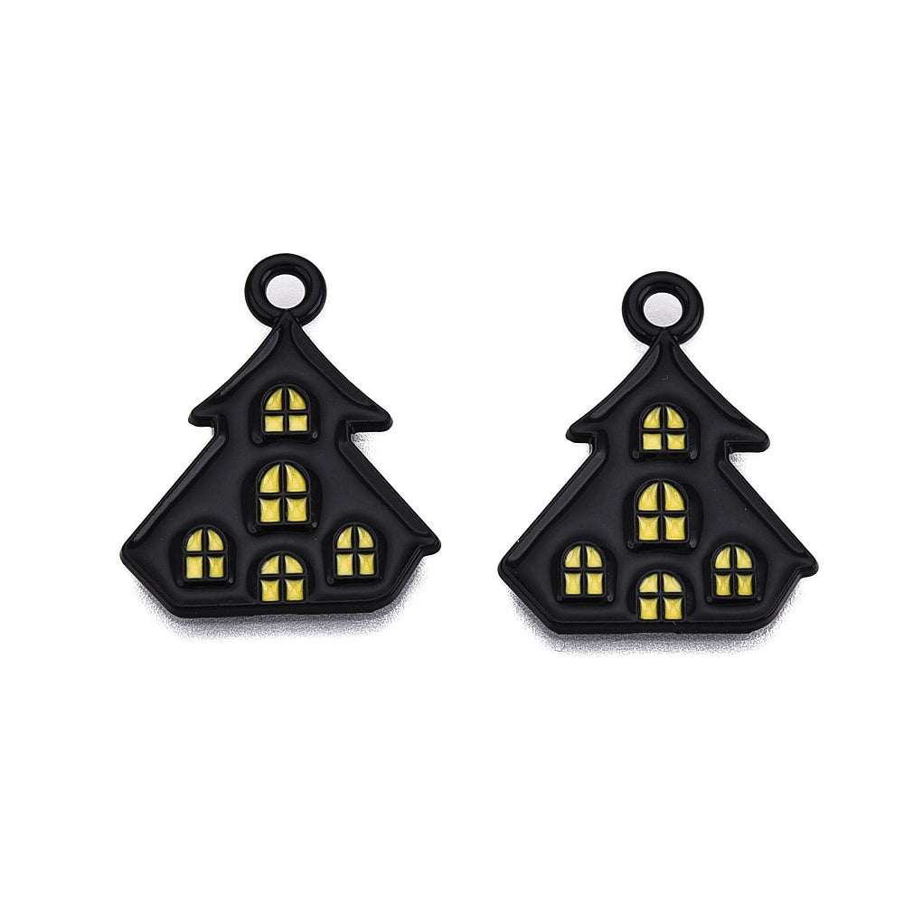 6 Haunted House Black Tone Enamel Charms - E1680
