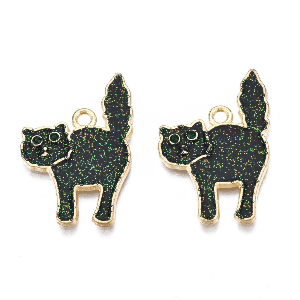 6 Sparkly Black Cat Gold Tone Enamel Charms - E633