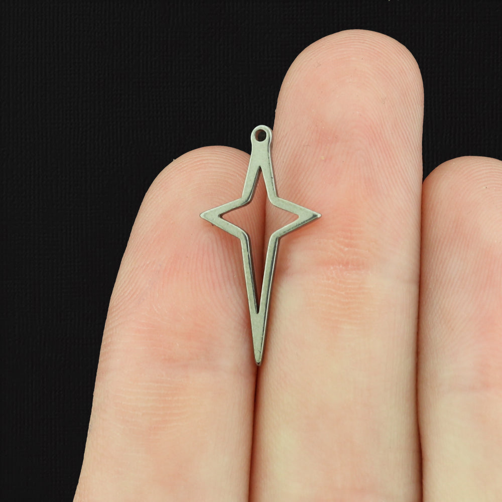6 Star Outline Silver Tone Stainless Steel Charms 2 Sided - SSP088