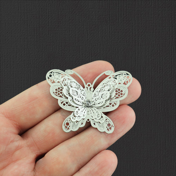 Filigree Butterfly Silver Tone Brass Charm 3D With Inset Rhinestone - BR149