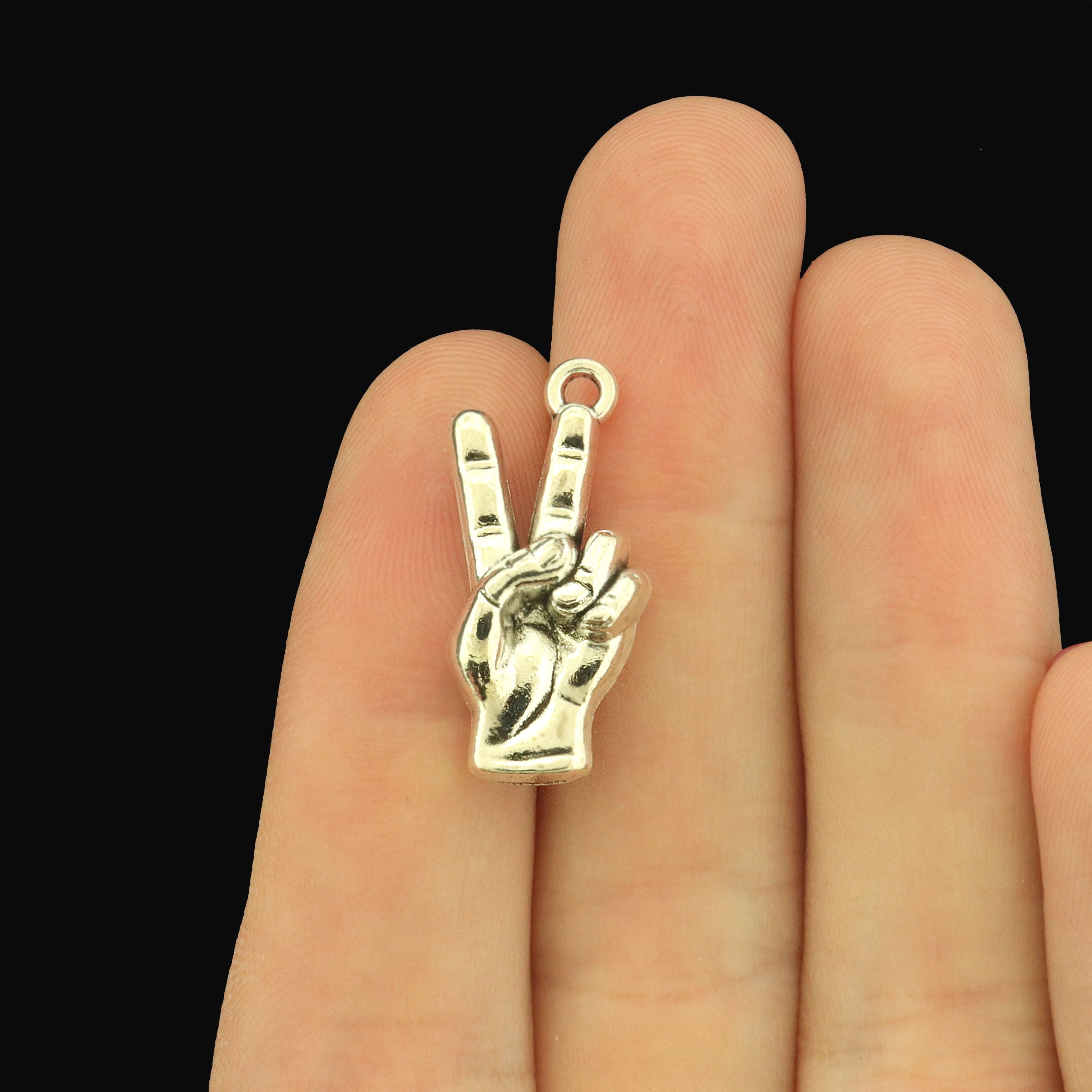 8 Hand Sign Antique Silver Tone Charms - Peace Sign - SC9018