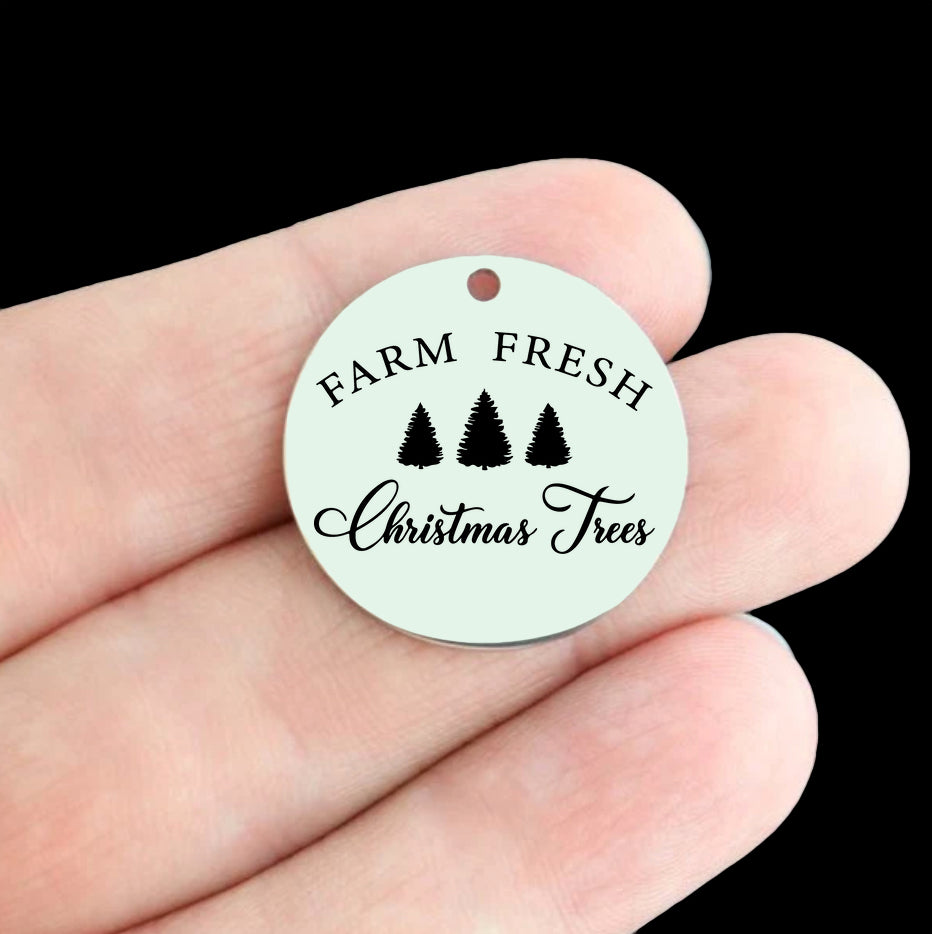 Christmas Stainless Steel 25mm Round Charms - Farm Fresh Christmas Trees