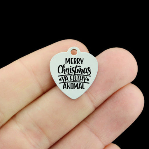 Christmas Stainless Steel Heart Charms - Merry Christmas Ya Filthy Animal - BFS011-8795