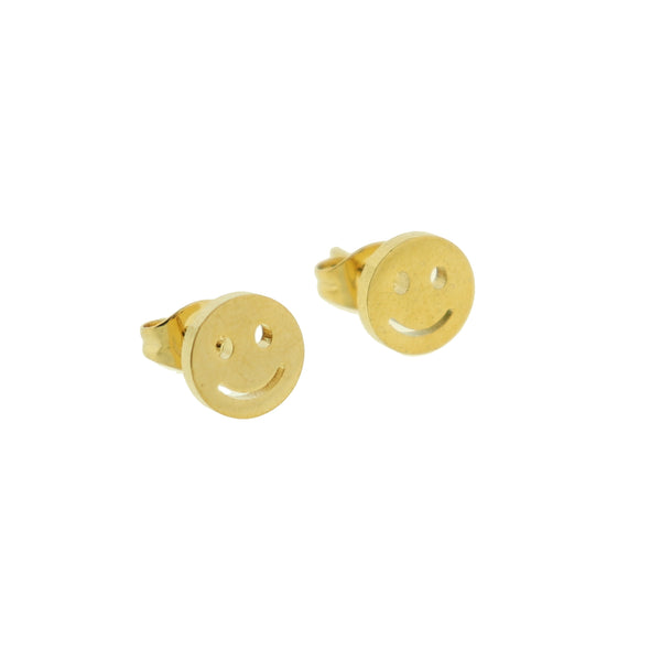 Gold Tone Stainless Steel Earrings - Smiley Face Studs - 8mm - 2 Pieces 1 Pair - ER242