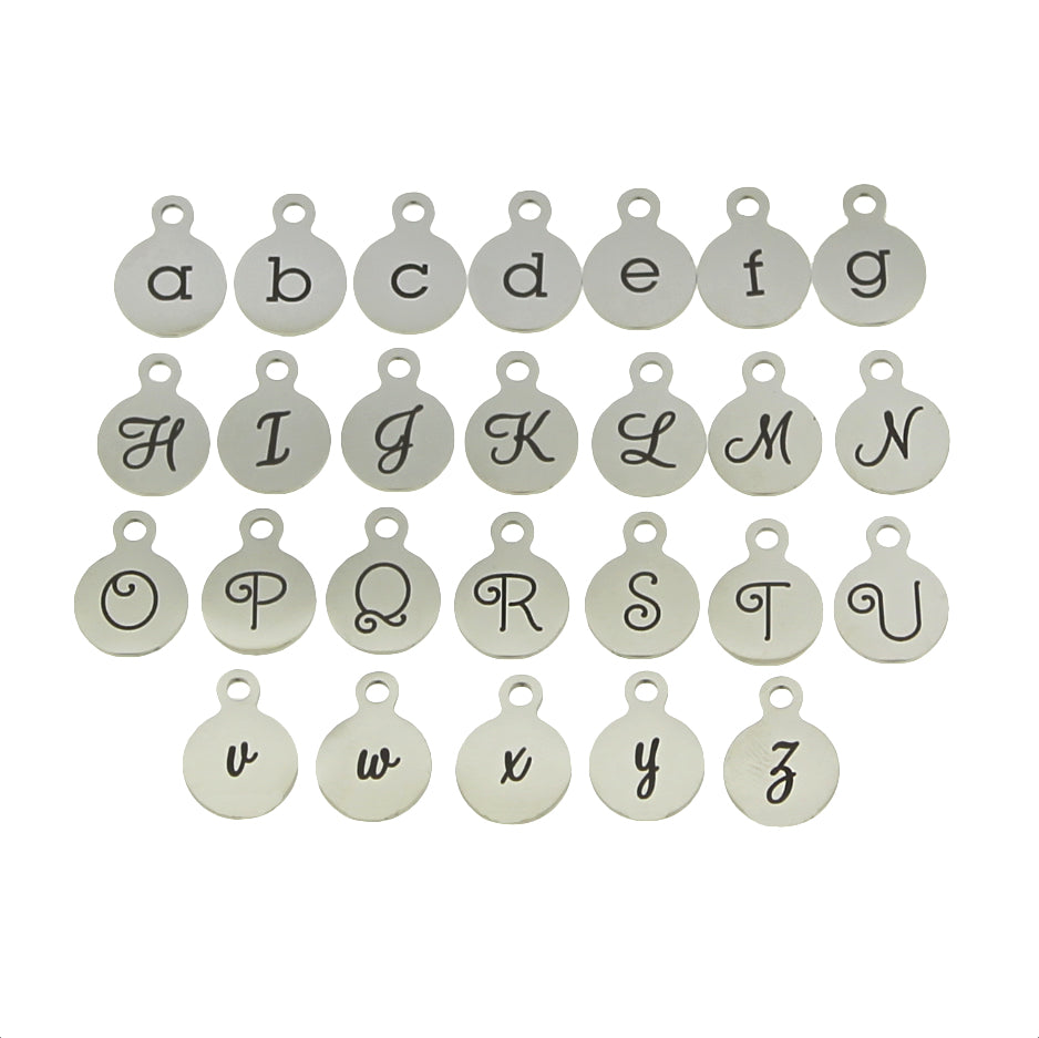 Alphabet Set Stainless Steel Engraved Charms - Full Set A-Z - Choose Your Shape, Tone, Font & Quantity - AP002