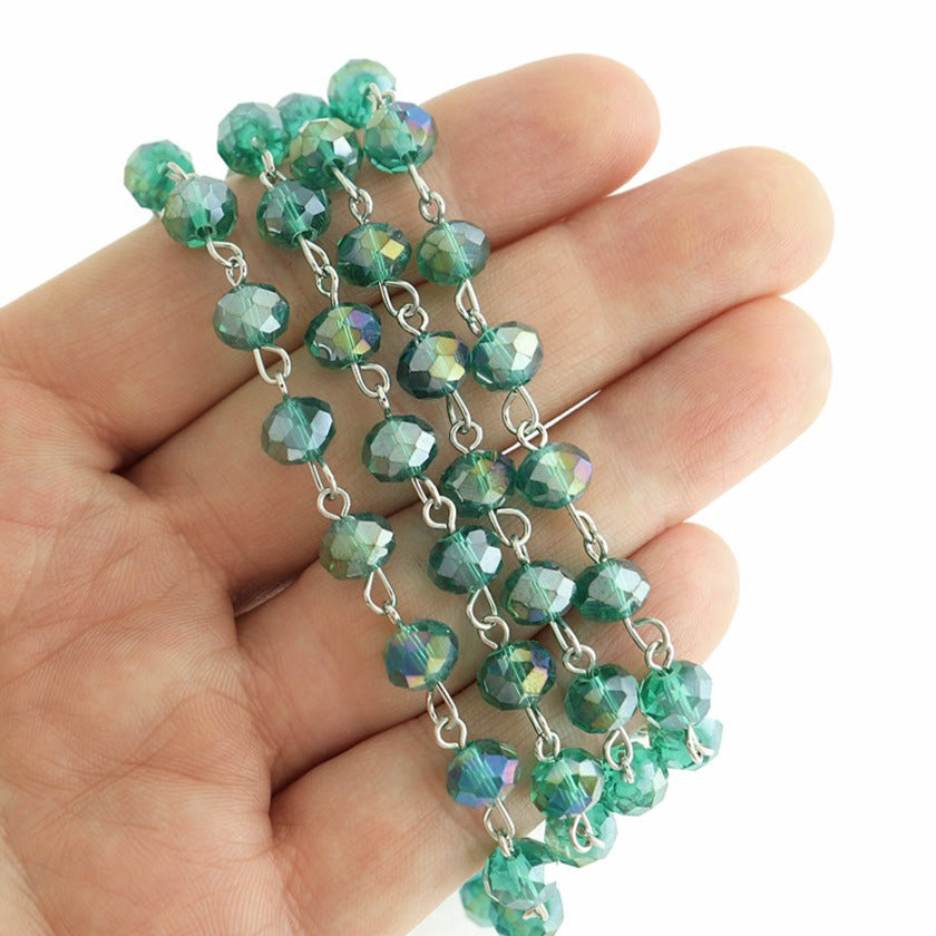 Beaded Rosary Chain - 8mm - Rondelle Glass & Silver Tone - Choose Your Color!
