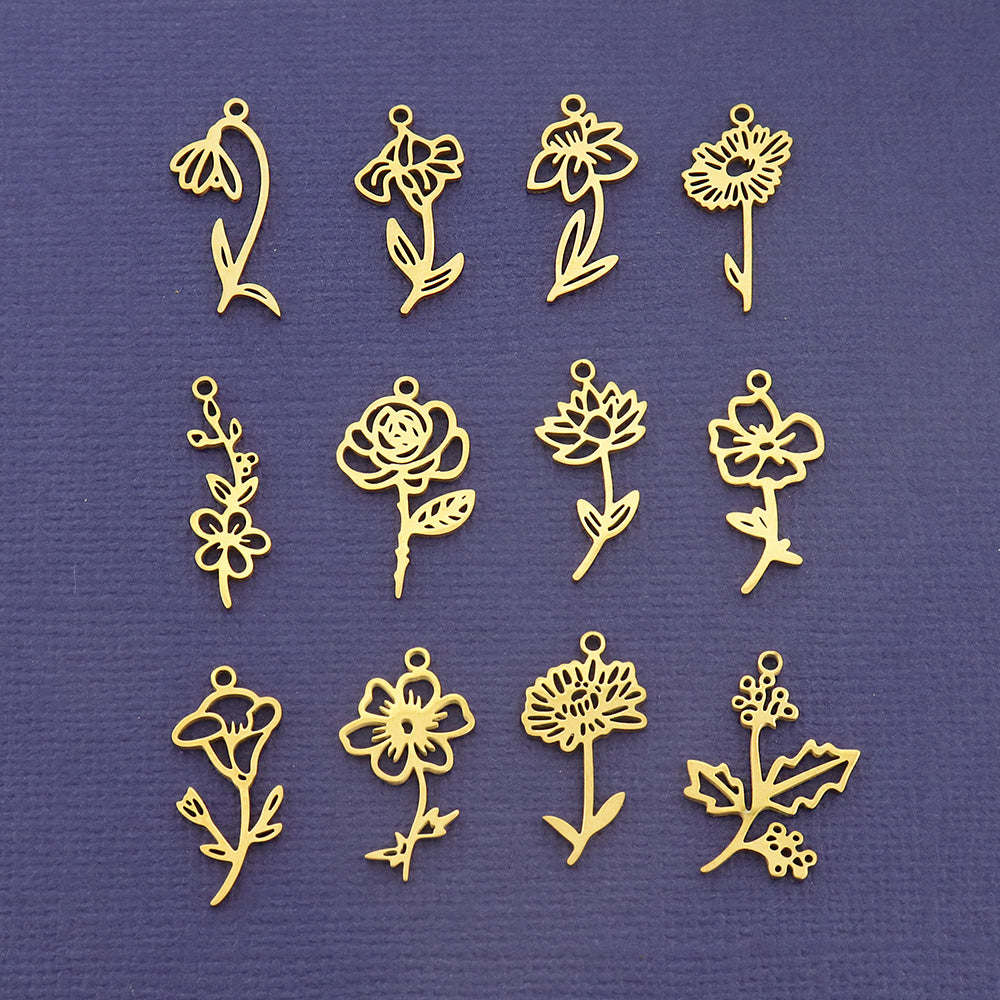 Birth Month Flower Stainless Steel Charms - Choose Your Month & Tone