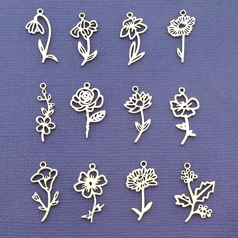 Birth Month Flower Stainless Steel Charms - Choose Your Month & Tone