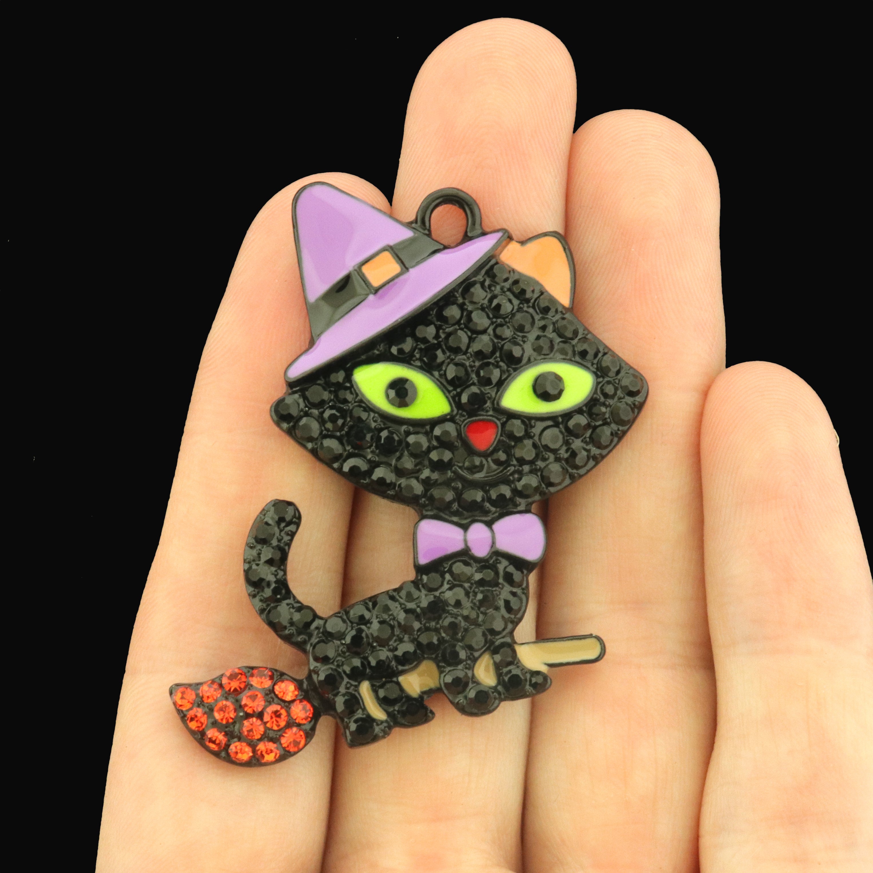 Black Cat on Broom Enamel Charms with Rhinestones - E359