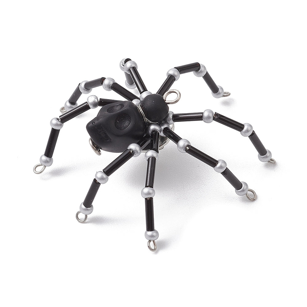 Black Spider Brooch Base - Glass Black and Skull Beads with Silver Loops - Z010