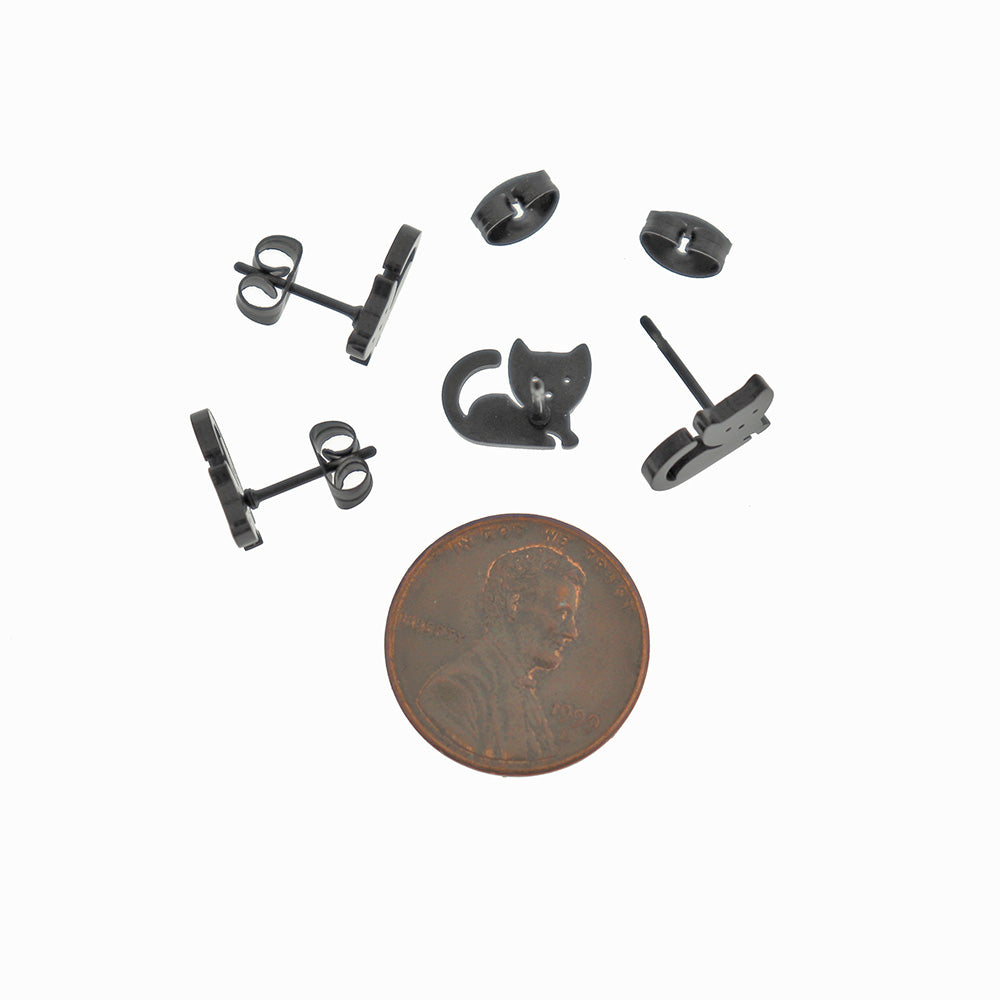 Black Tone Stainless Steel Earrings - Cat Studs - 11mm x 8mm - 2 Pieces 1 Pair - ER998